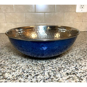 Decorative Round Dimple Hammered Two-Tone Stainless Steel Bowl Blue 10" (25.4cm)